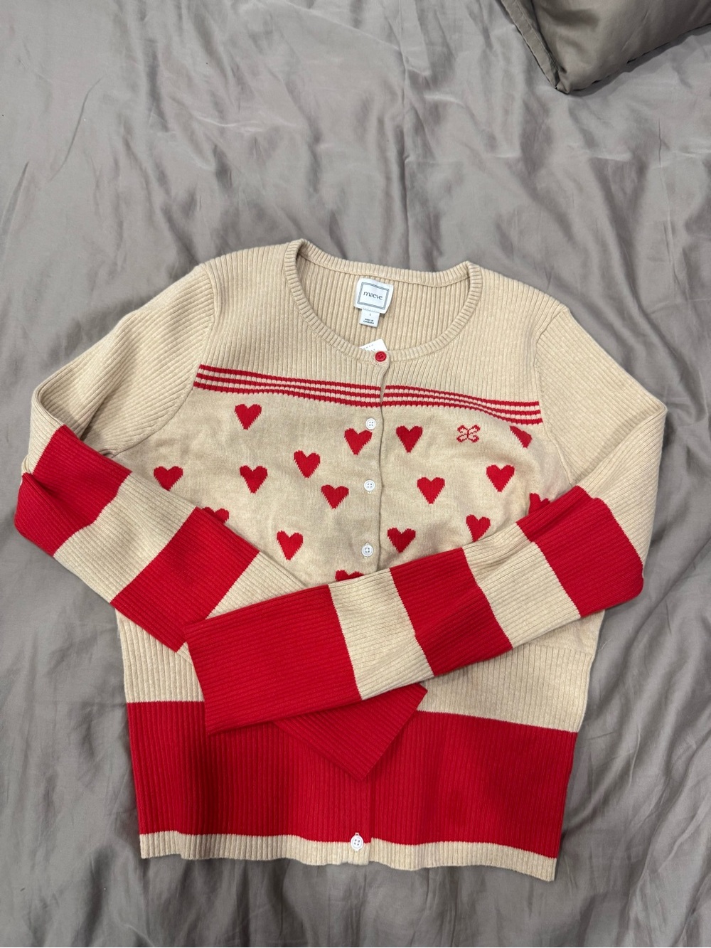 Maeve Beige and Red Heart-Print Cardigan